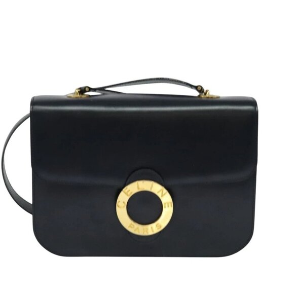 CELINE Circle Shoulder Bag Leather Navy Gold Auth 126033 - Picture 1 of 16